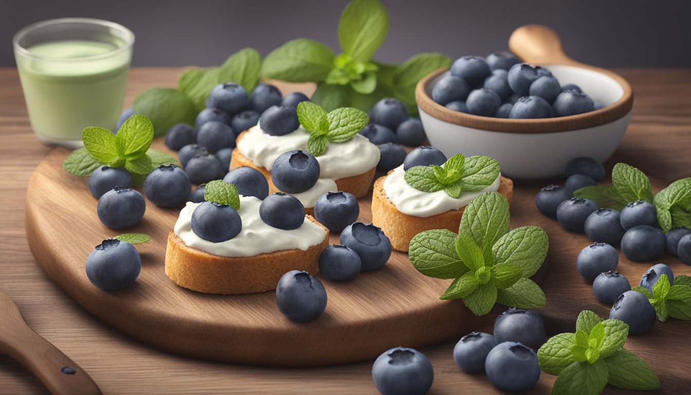 A rustic wooden cutting board with a spread of blueberry ricotta bruschetta surrounded by fresh blueberries and a sprig of mint