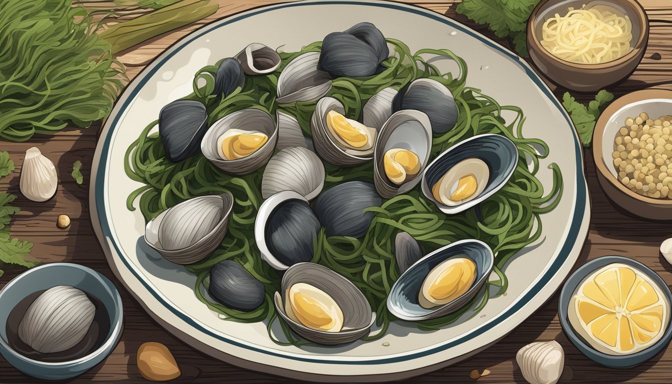 A steaming plate of seaweed pasta with clams, surrounded by various types of seaweed and ingredients, on a rustic wooden table