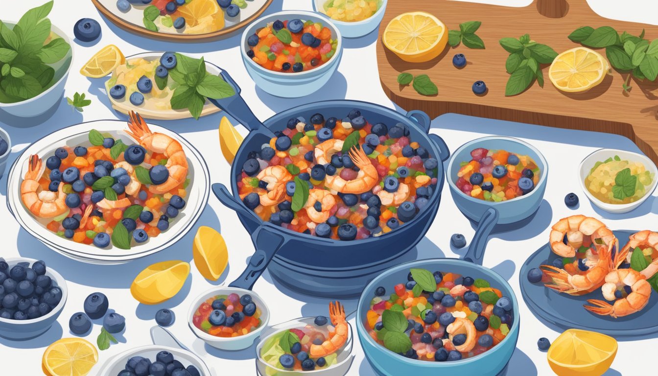 A vibrant blueberry salsa being spooned over grilled shrimp, surrounded by a variety of savory dishes incorporating blueberries