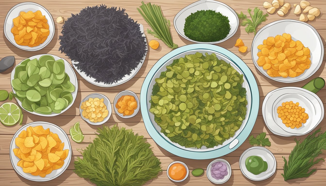 A colorful array of seaweed chips arranged in a circular pattern, surrounded by various ingredients and cooking utensils on a wooden kitchen countertop