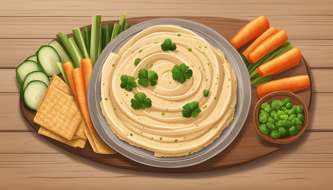 A plate of hummus and turkey roll-ups surrounded by fresh vegetables and crackers on a wooden cutting board