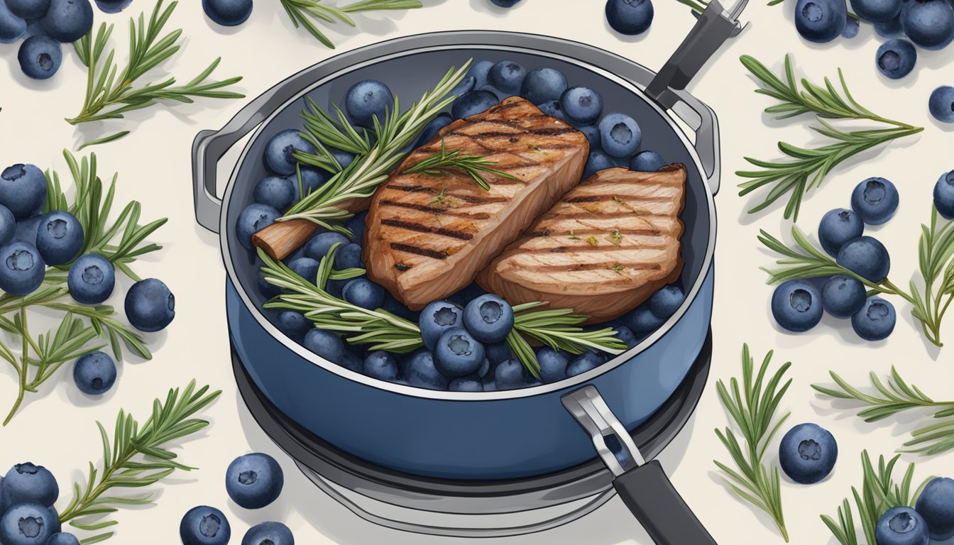 A grill sizzling with blueberry rosemary pork surrounded by fresh blueberries and sprigs of rosemary