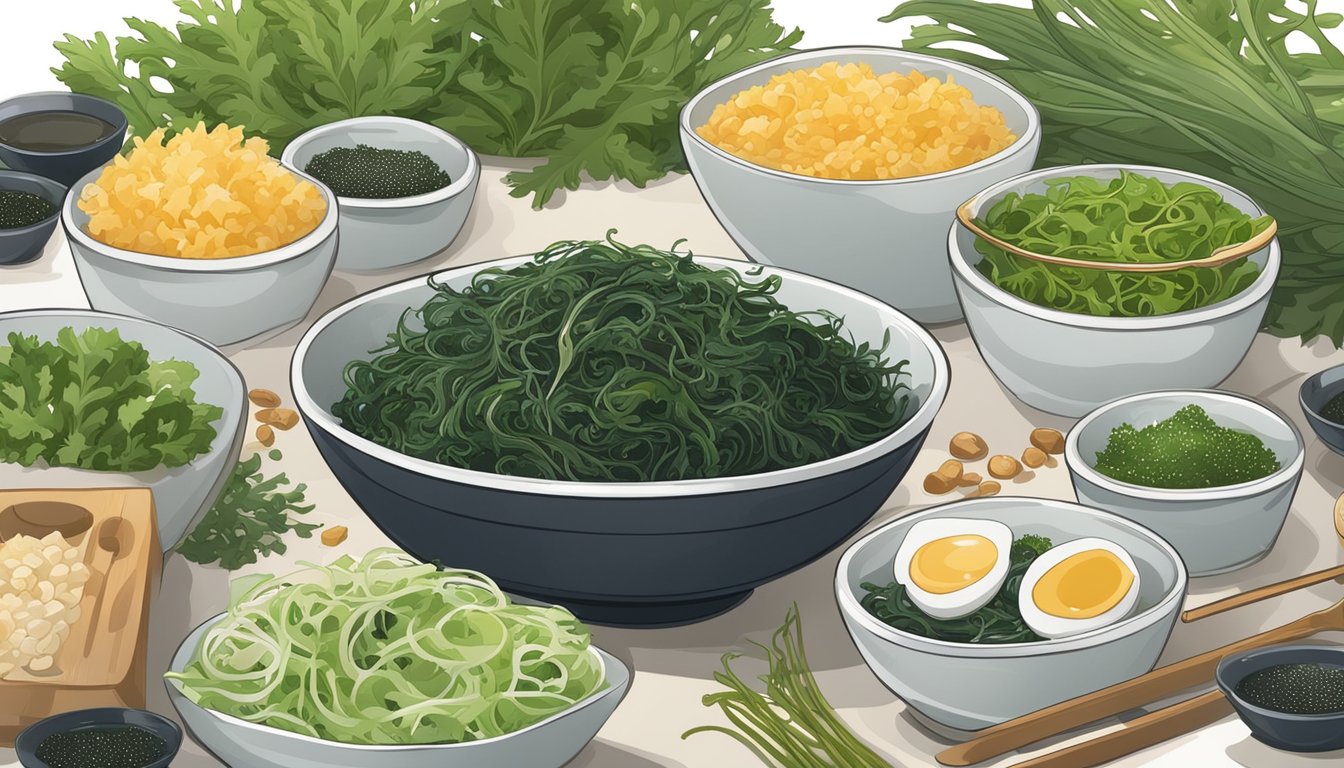 A bowl of seaweed salad with sesame dressing surrounded by various types of seaweed and ingredients