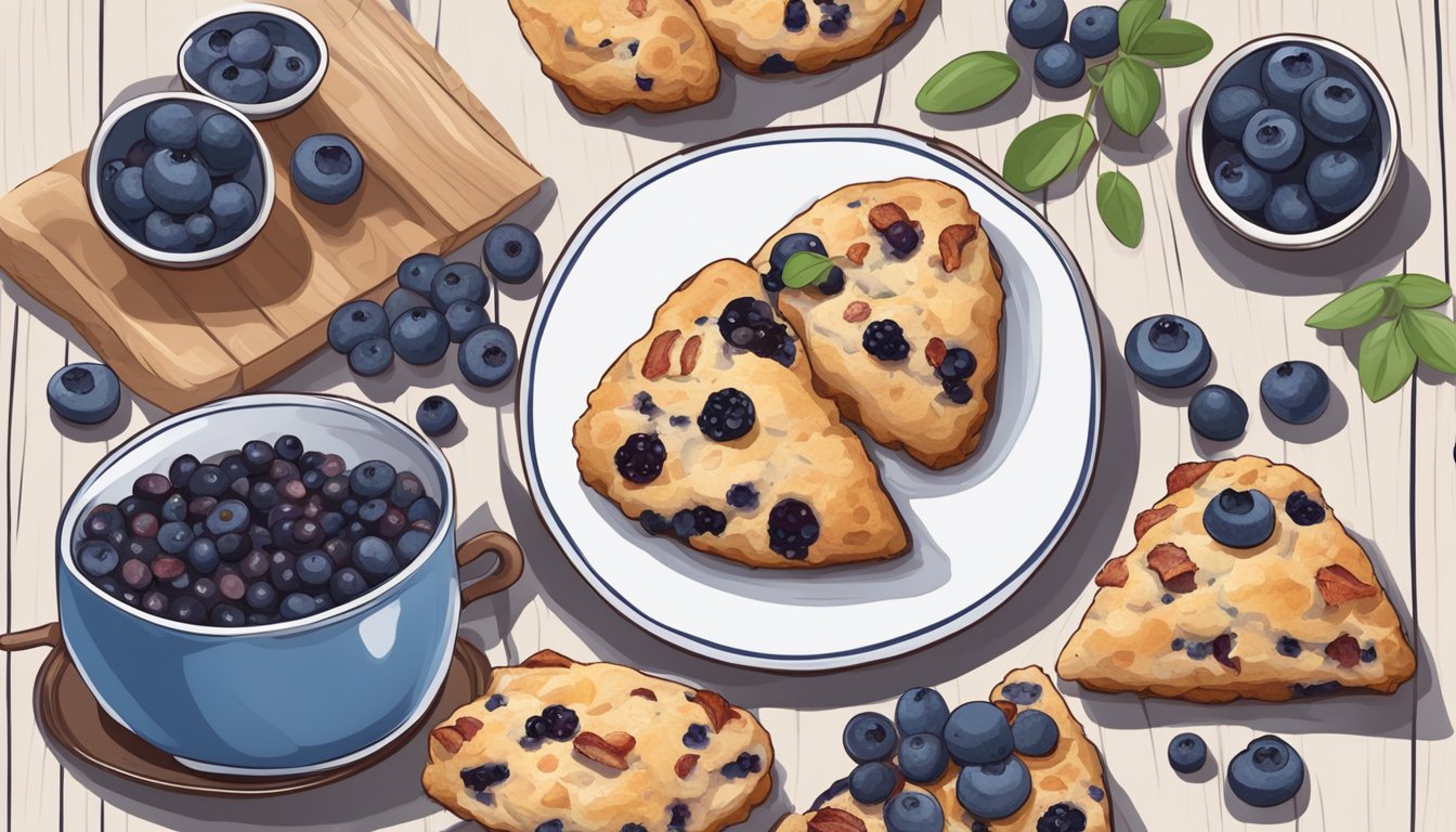 A rustic kitchen table with a plate of savory blueberry and bacon scones surrounded by fresh blueberries and bacon bits