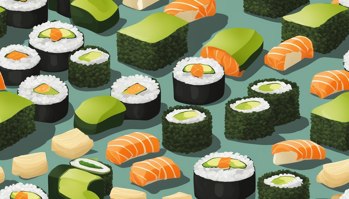 A plate of seaweed and avocado sushi rolls arranged in an artistic and appetizing display