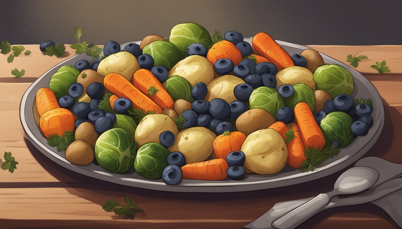 A colorful array of roasted vegetables, including carrots, Brussels sprouts, and potatoes, sprinkled with fresh blueberries and thyme, arranged on a rustic serving platter