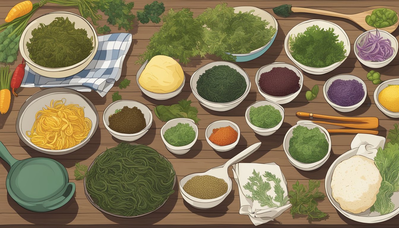 A variety of seaweed types arranged on a wooden cutting board, surrounded by colorful ingredients and kitchen utensils, with a cookbook open to a page titled "8 Innovative Recipes Using Seaweed."