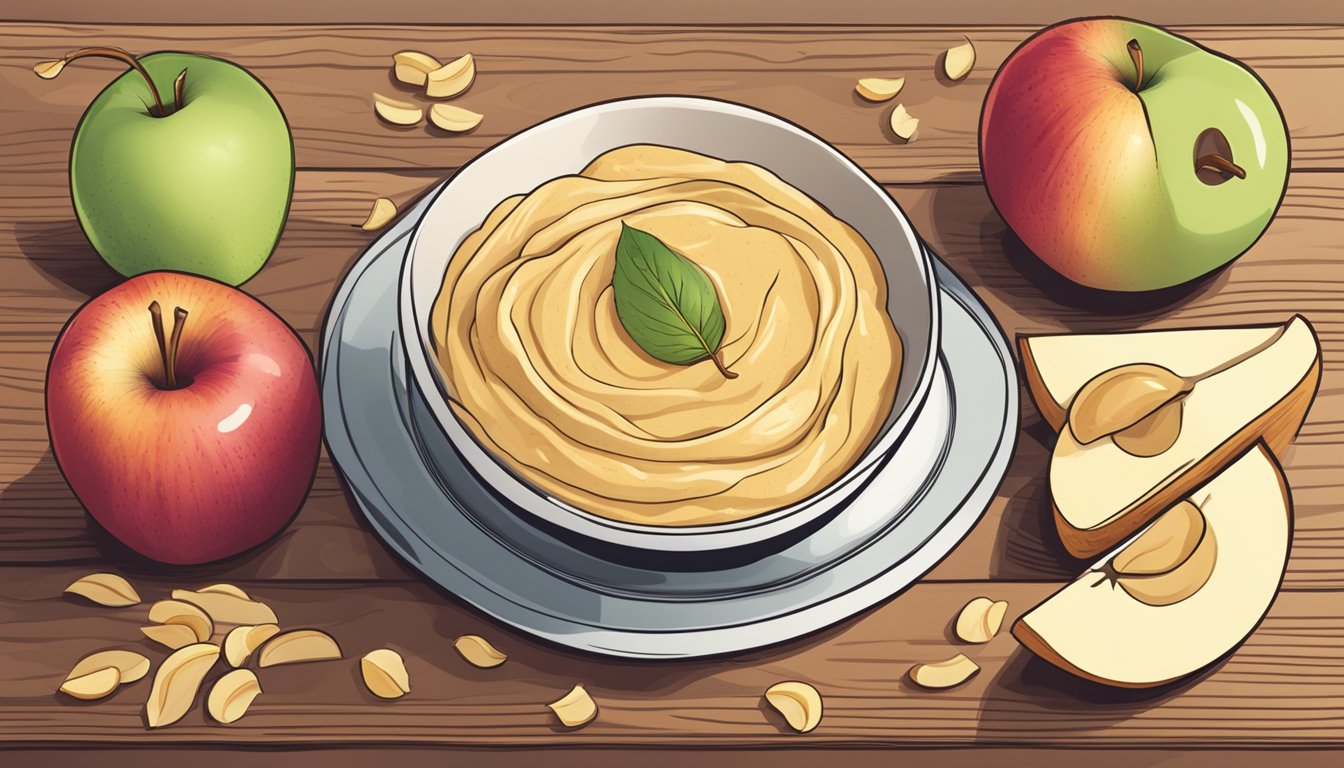 A bowl of hummus surrounded by neatly arranged apple slices on a wooden cutting board