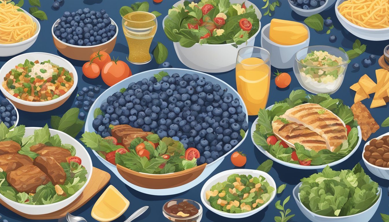 A bowl of blueberries surrounded by various savory dishes such as salads, pastas, and grilled meats, showcasing the versatility of incorporating blueberries into savory meals