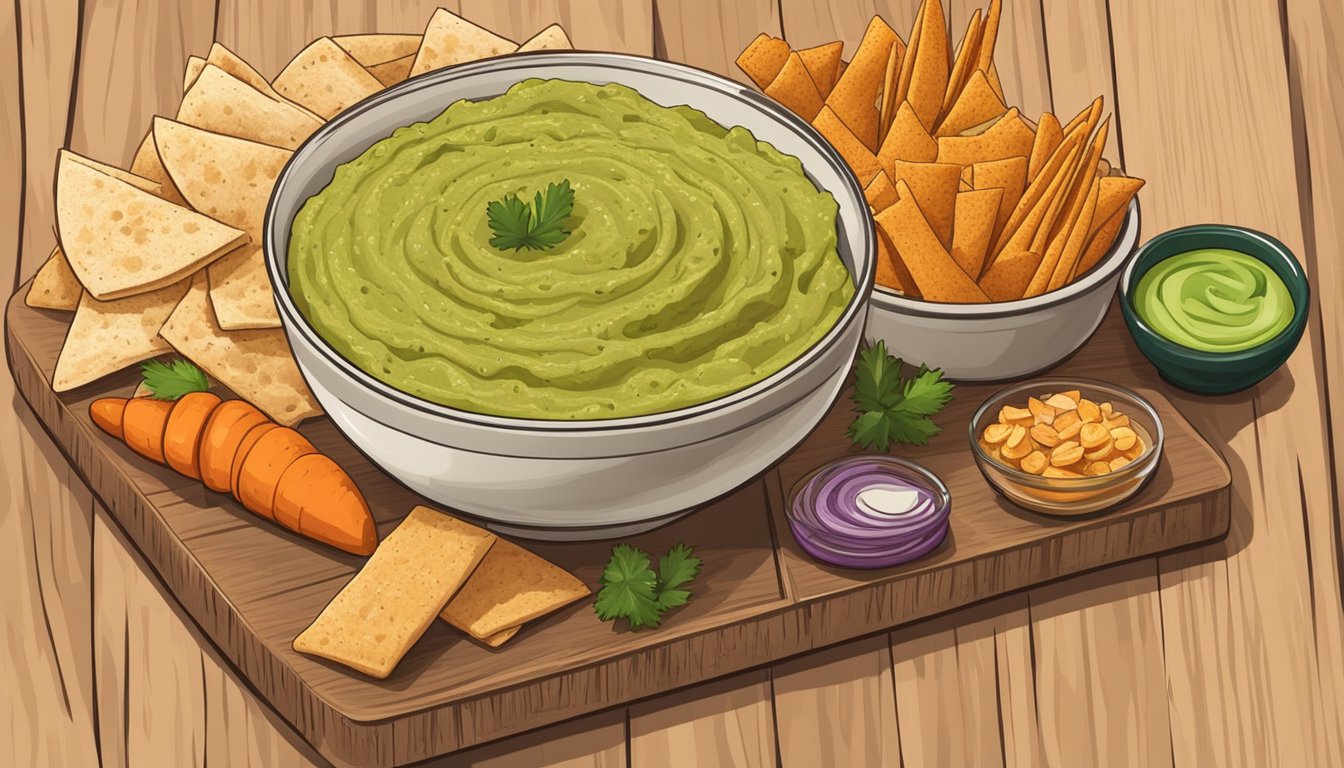 A bowl of hummus and guacamole mix surrounded by various snack items like pita chips, carrot sticks, and cucumber slices on a wooden serving board