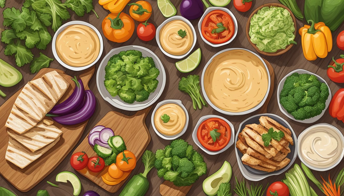 A colorful array of fresh vegetables, creamy hummus, and grilled chicken laid out on a wooden cutting board, surrounded by whole grain wraps