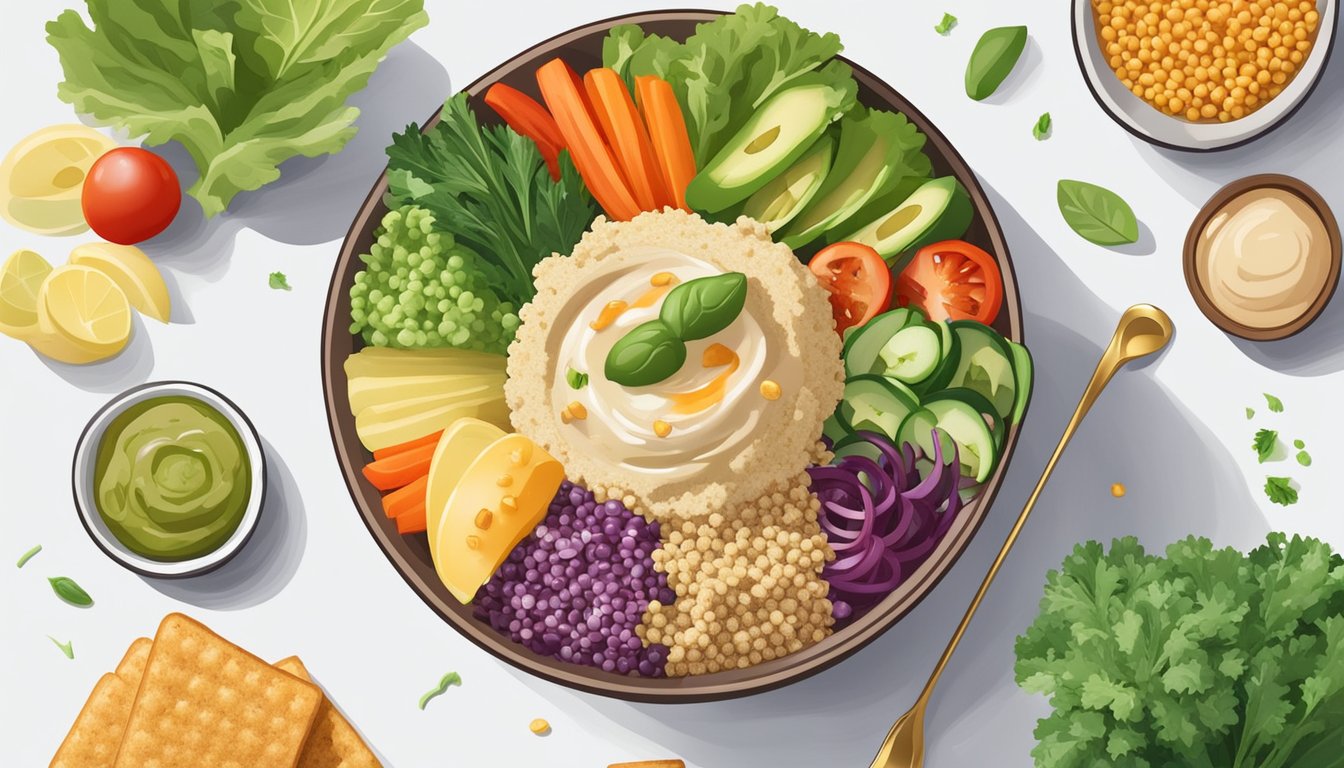 A colorful bowl of quinoa salad topped with a dollop of hummus, surrounded by fresh vegetables and a variety of snack options