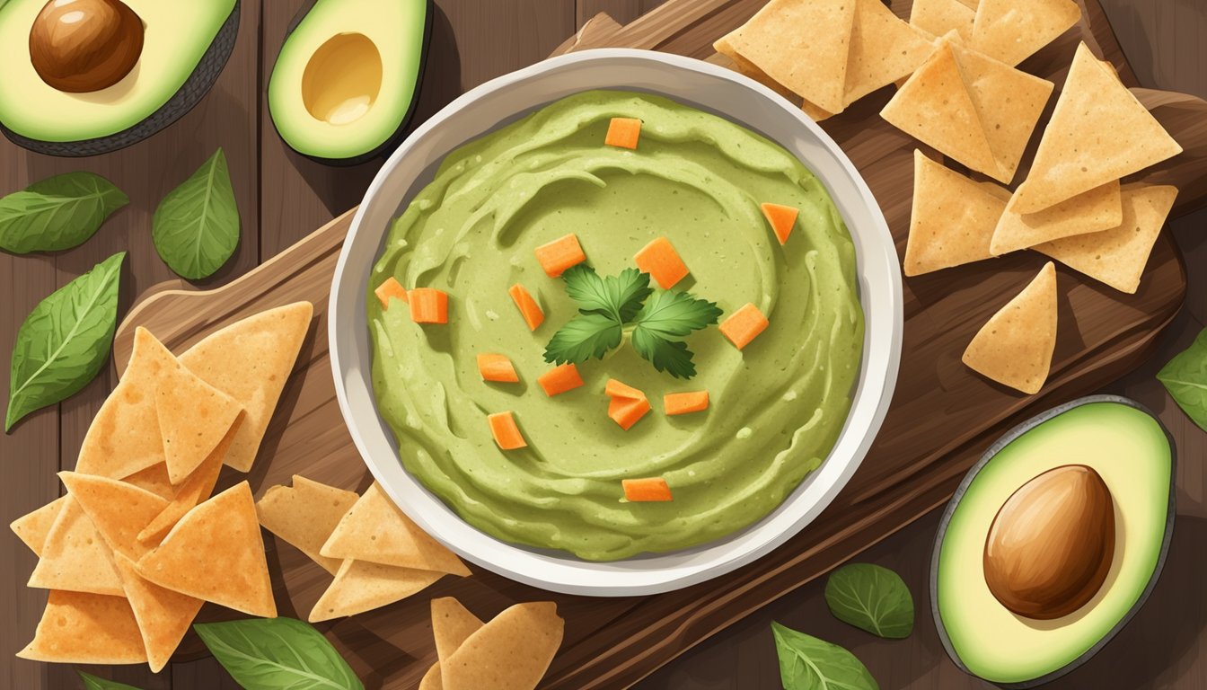 A bowl of hummus and avocado dip surrounded by pita chips, carrot sticks, and cucumber slices on a wooden serving board