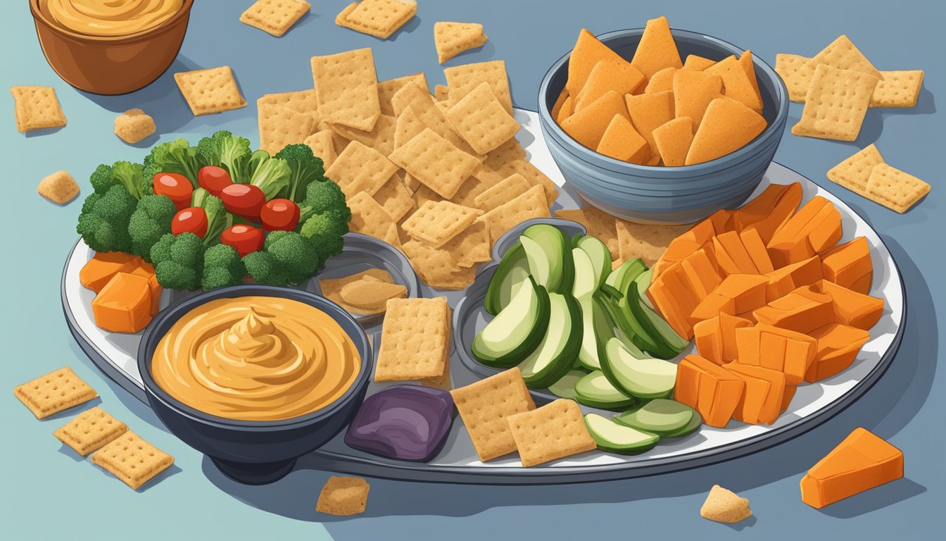 A platter of sweet potato hummus bites surrounded by various colorful vegetables and crackers, with a bowl of hummus in the center