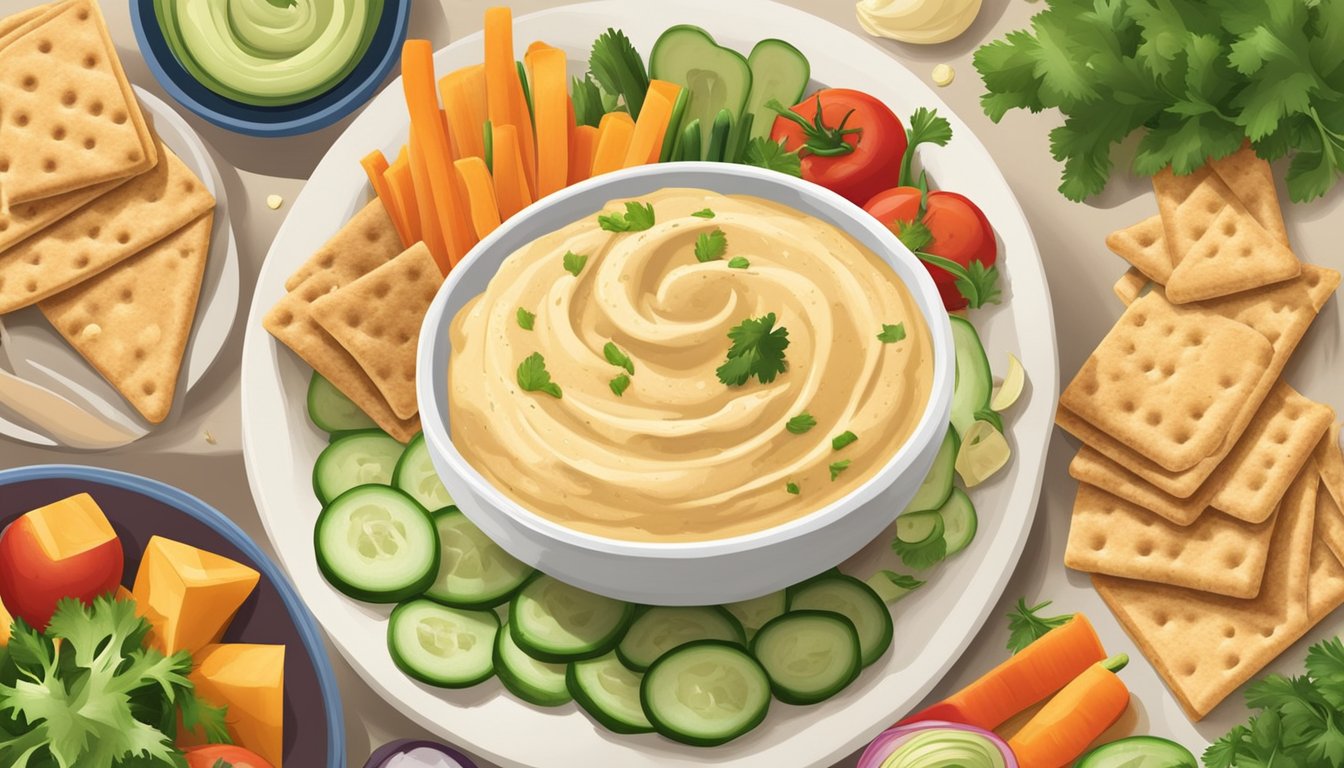 A bowl of creamy hummus surrounded by an assortment of colorful vegetables, crackers, and pita bread. A spoonful of hummus being spread onto a slice of cucumber