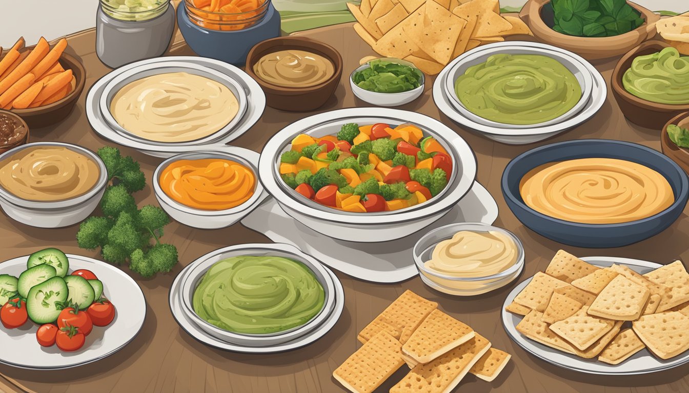 A table spread with various snacks such as vegetable sticks, pita bread, and crackers, all paired with different flavored hummus dips