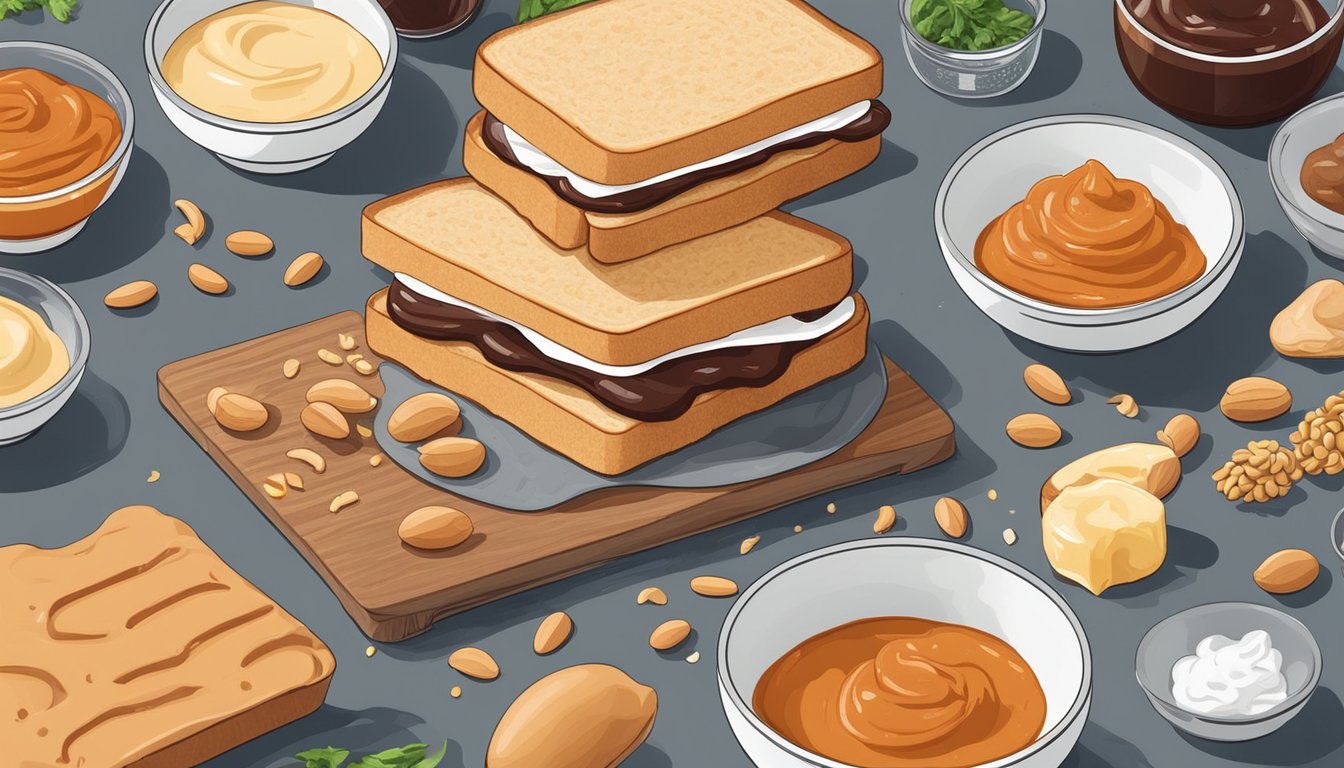 A Gochujang-peanut butter sandwich being prepared with various ingredients scattered around a kitchen counter