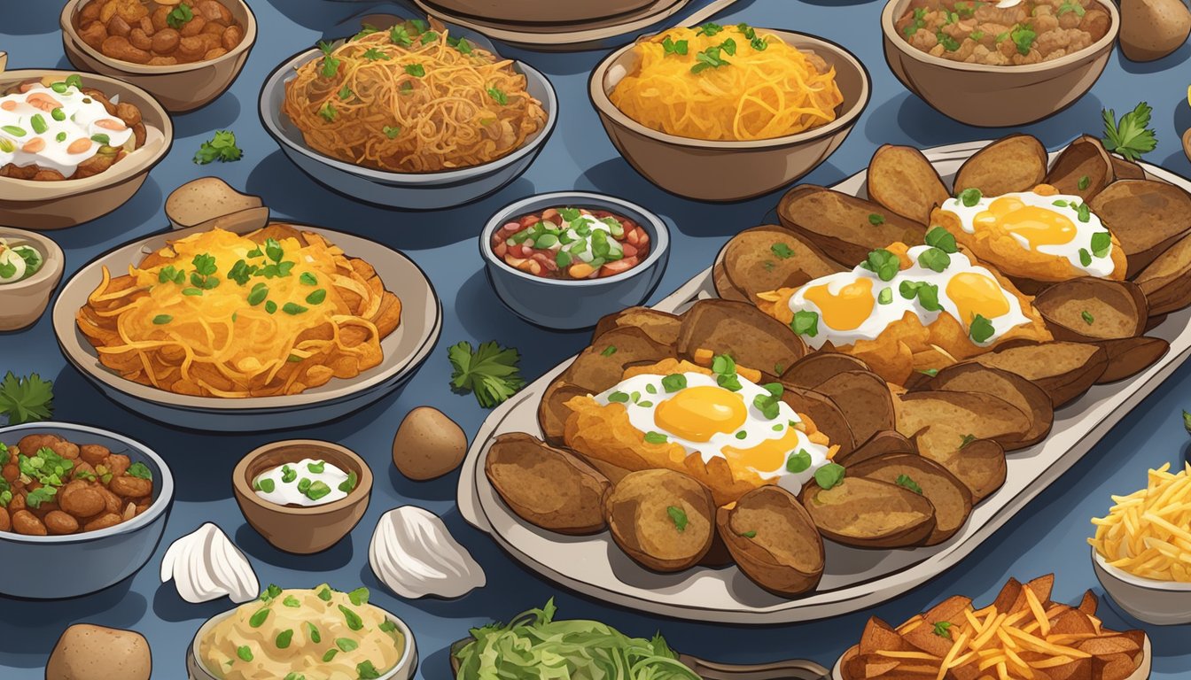 A platter of loaded baked potato skins surrounded by 12 hearty meals centered around potatoes, with various toppings and seasonings