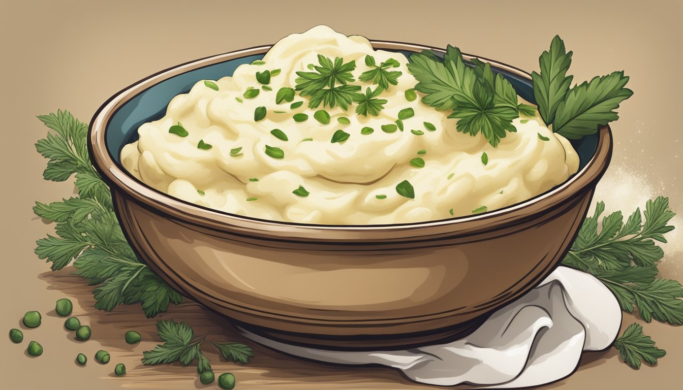 A rustic bowl of creamy mashed potatoes surrounded by a sprinkle of herbs and a pat of butter on top