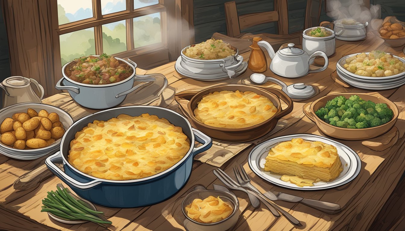 A rustic kitchen table with a steaming dish of Potato Gratin Dauphinois surrounded by other hearty potato-based meals