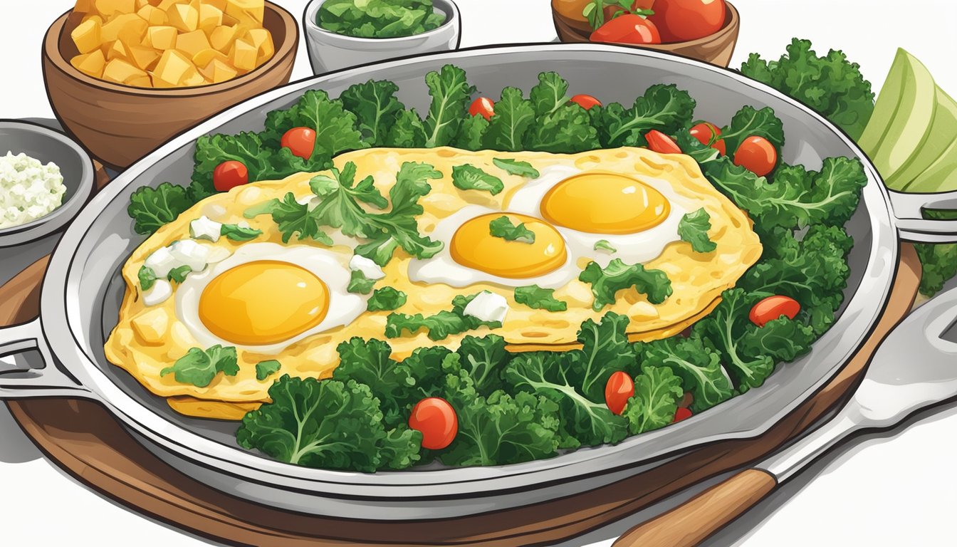 A sizzling omelet in a pan, filled with vibrant green kale and creamy feta, surrounded by fresh ingredients