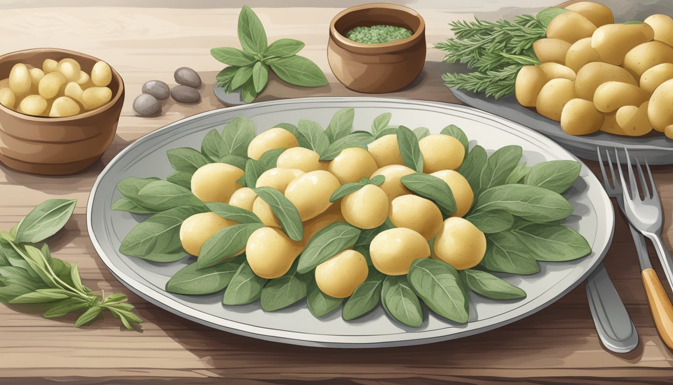 A rustic table set with a steaming plate of gnocchi in sage butter, surrounded by fresh sage leaves and potatoes