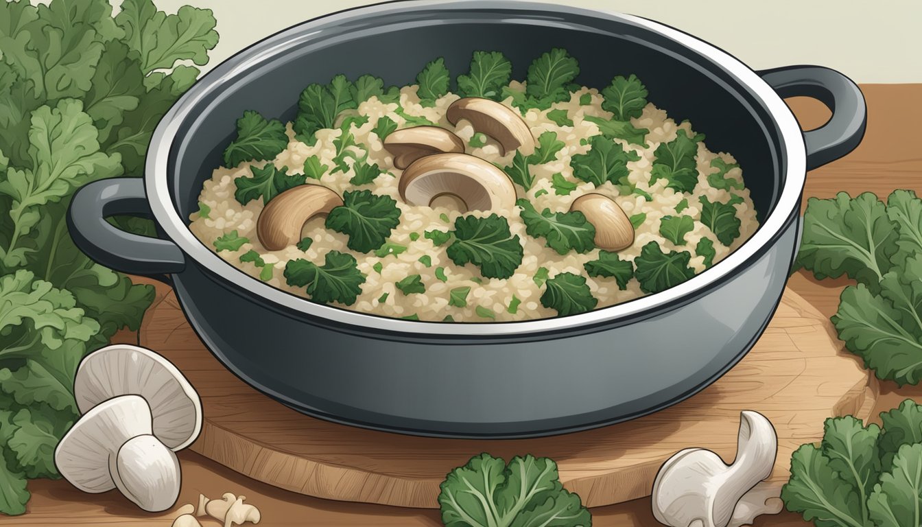 A steaming pot of kale and mushroom risotto surrounded by fresh kale leaves and earthy mushrooms