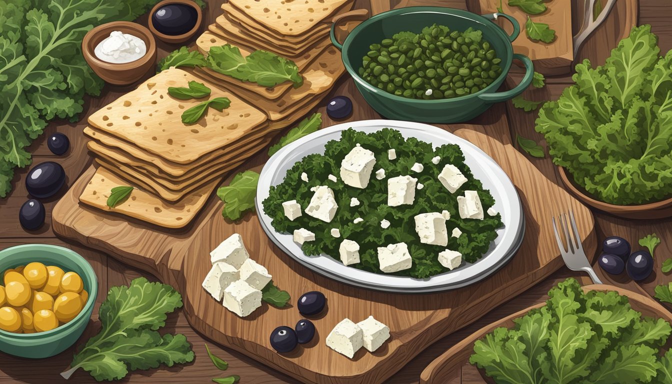 A rustic wooden table set with kale, feta, and olive flatbreads, surrounded by vibrant green kale leaves and scattered feta and olives