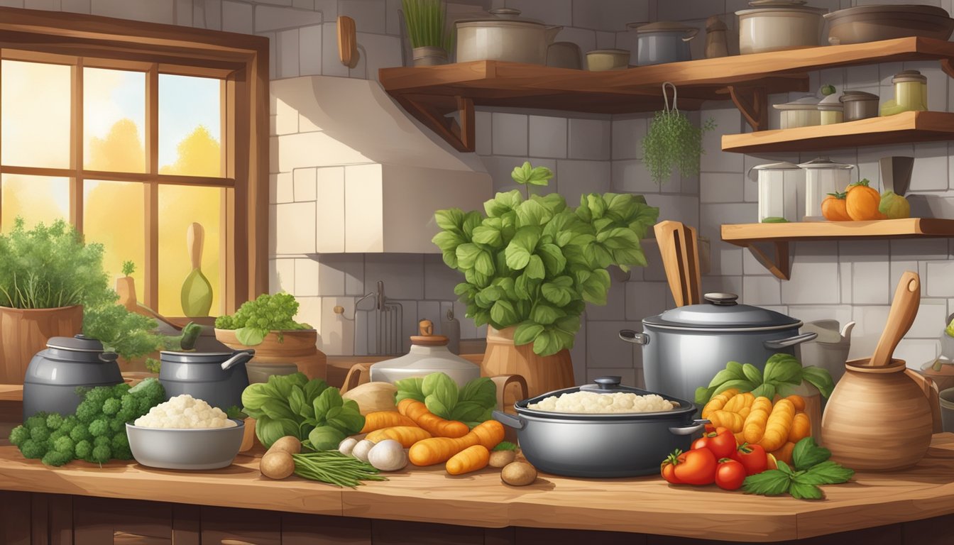 A rustic kitchen with a variety of cooking tools and ingredients, including potatoes, herbs, and other vegetables, arranged on a wooden countertop