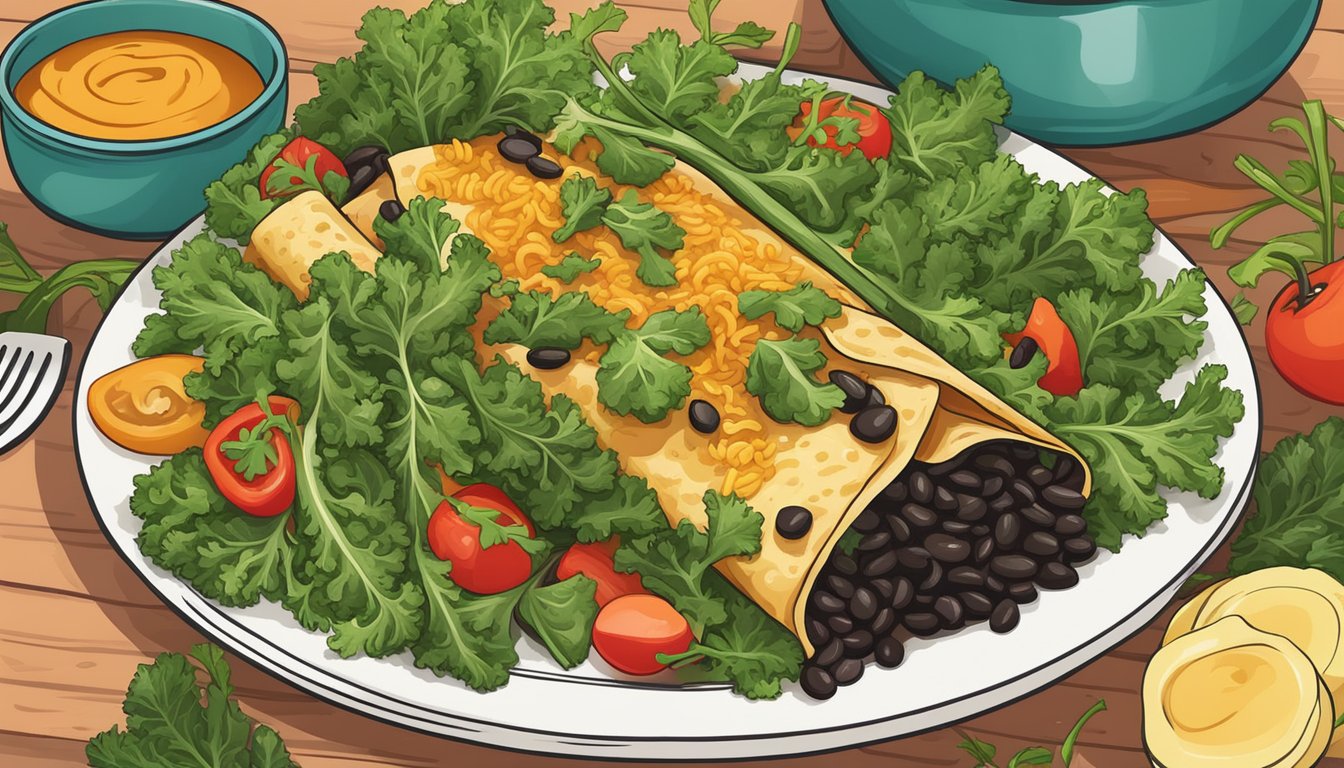 A colorful plate of kale and black bean enchiladas surrounded by vibrant vegetables and herbs