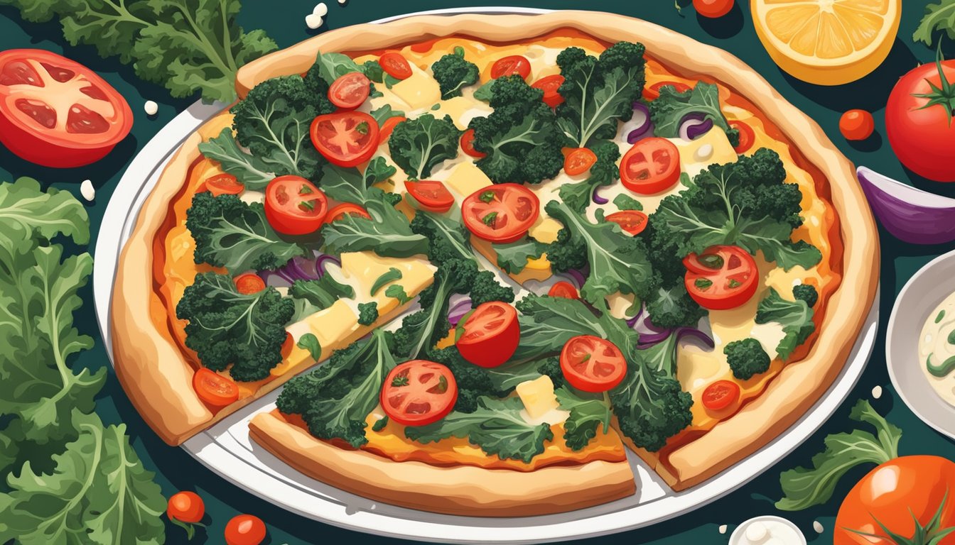 A colorful pizza topped with crispy kale, vibrant tomatoes, and melted cheese, surrounded by other delicious kale-based dishes