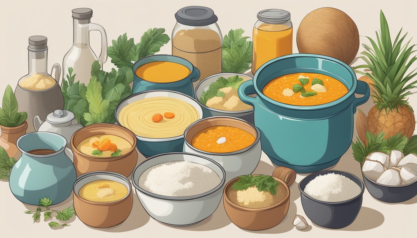 A pot of soup thickening with coconut flour, surrounded by various objects representing unexpected uses