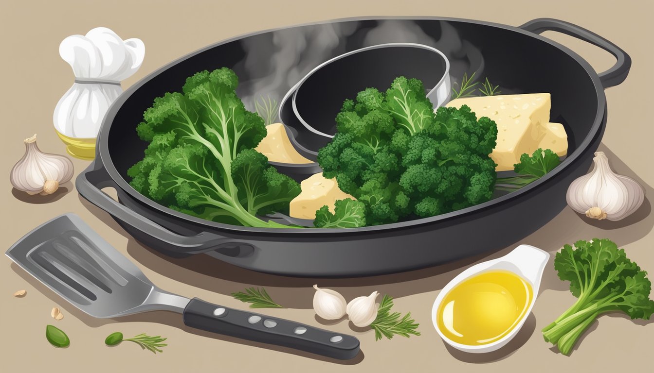 A chef sautés kale with garlic and olive oil in a sizzling pan, surrounded by various fresh ingredients and kitchen utensils