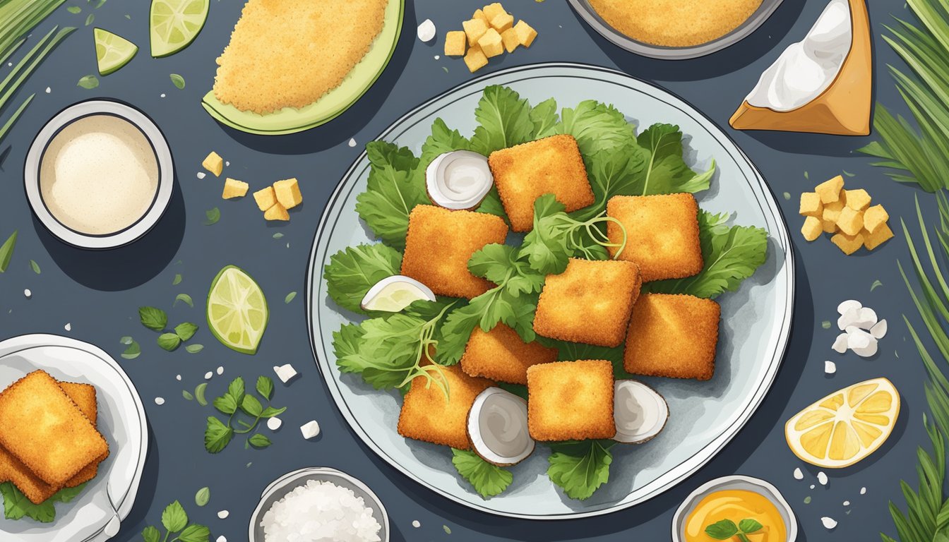 A plate of crispy breaded tofu surrounded by scattered coconut flour and various ingredients