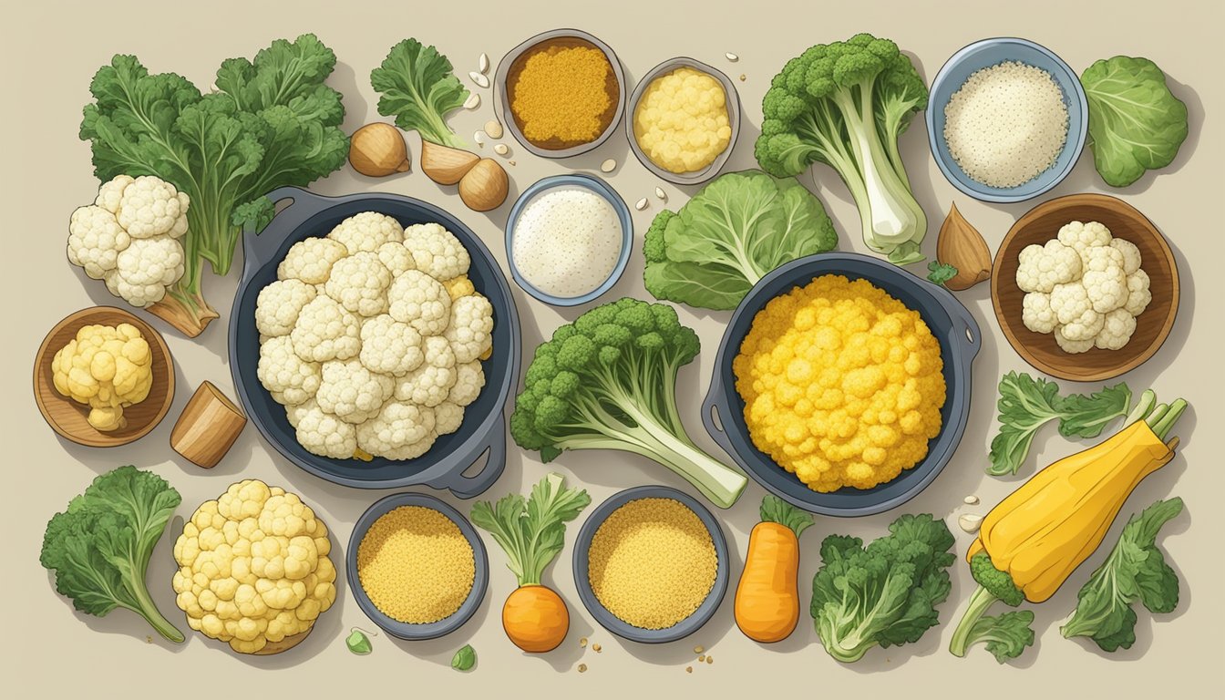 A colorful array of fresh cauliflower, cheese, and various seasonings arranged around a baking dish, ready to be combined and baked into a delicious Cheesy Cauliflower Rice Bake