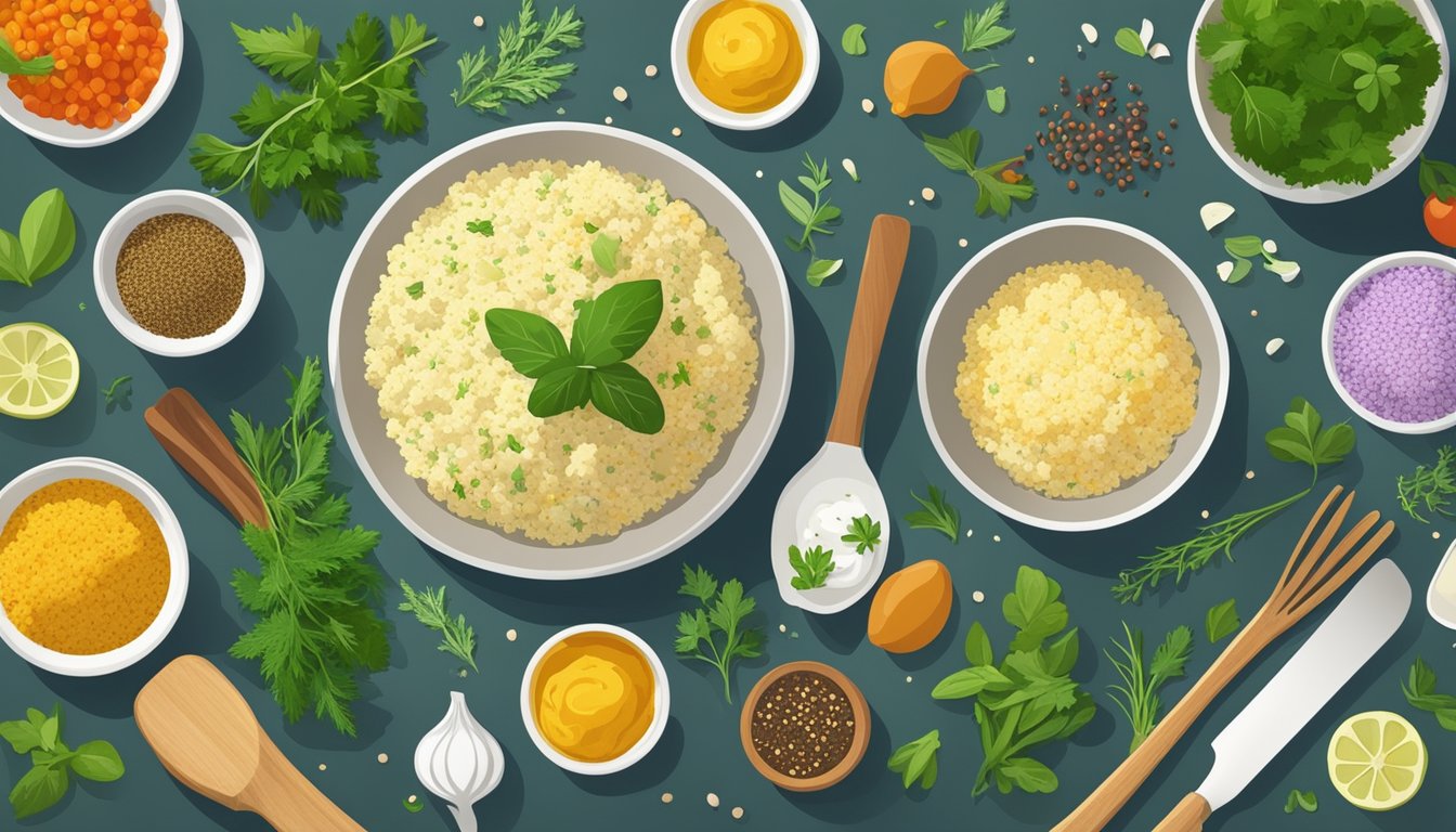 A colorful array of fresh herbs and spices surround a bowl of cauliflower rice pilaf, with various cooking utensils and ingredients scattered around the kitchen counter