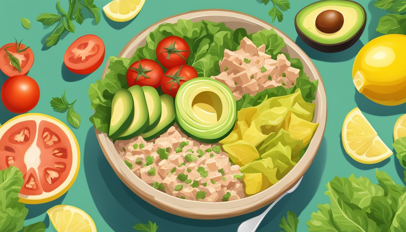 A colorful bowl filled with avocado tuna salad surrounded by fresh ingredients like tomatoes, lettuce, and a lemon, creating a vibrant and appetizing lunch scene