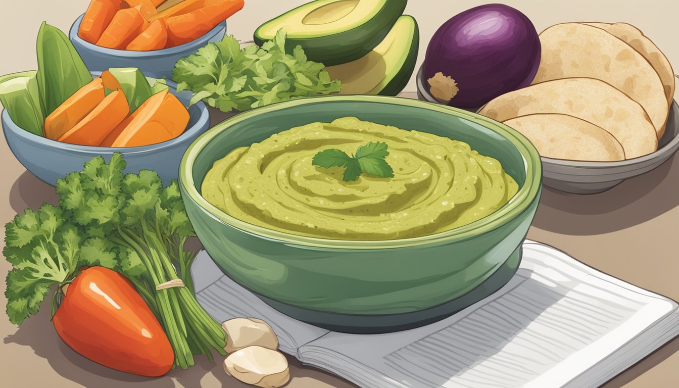 A bowl of spicy avocado hummus surrounded by sliced vegetables and pita bread, with a cookbook open to the page "25 Quick Lunches You Can Make with Avocado" nearby