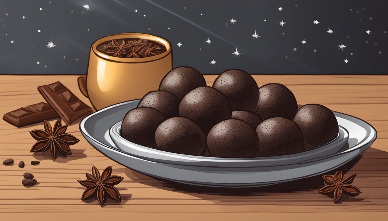 A bowl of star anise chocolate truffles surrounded by scattered star anise pods and cocoa powder on a wooden table