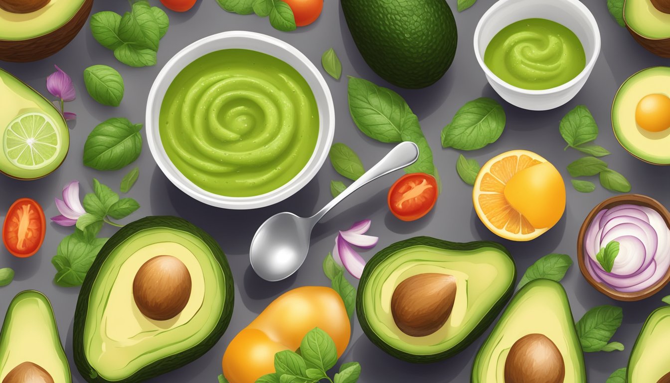 A bowl of avocado gazpacho surrounded by fresh ingredients and a spoon