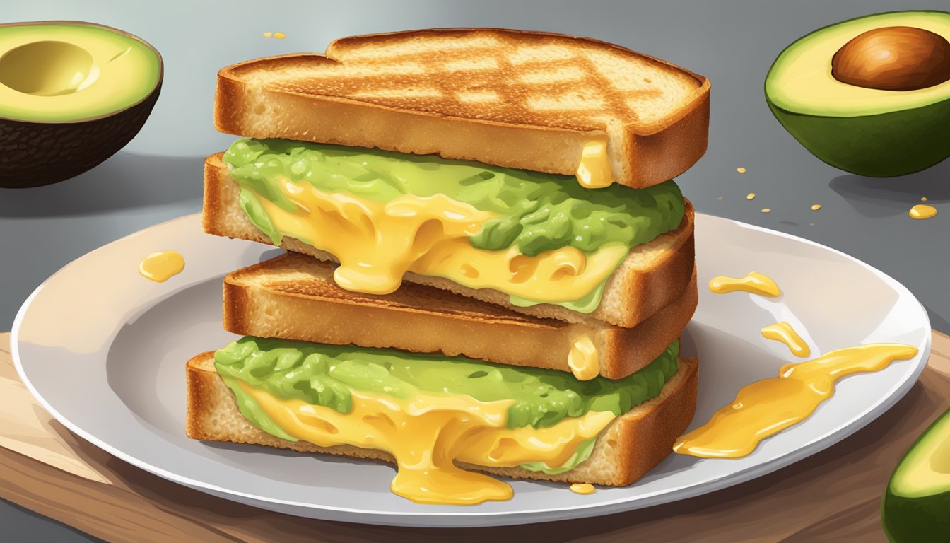 Melted cheese oozing out from between two slices of golden-brown grilled bread, with slices of creamy avocado peeking out from the edges