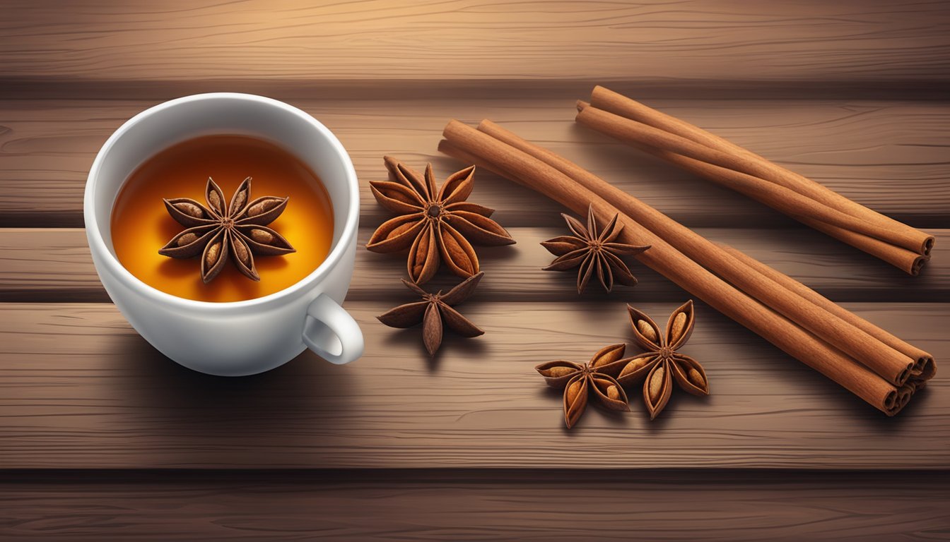 A steaming cup of cinnamon and star anise tea surrounded by scattered star anise pods and cinnamon sticks on a rustic wooden table