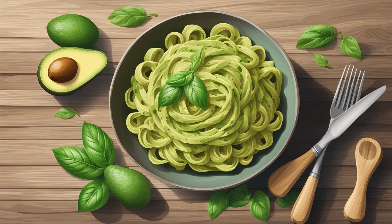 A bowl of creamy avocado pesto pasta with fresh basil leaves and sliced avocado on a wooden table