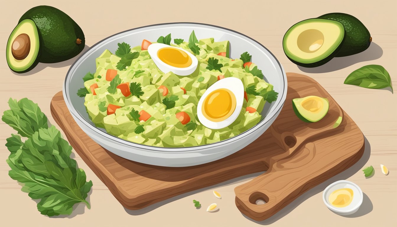 A bowl of avocado egg salad surrounded by fresh ingredients and a slice of bread on a wooden cutting board