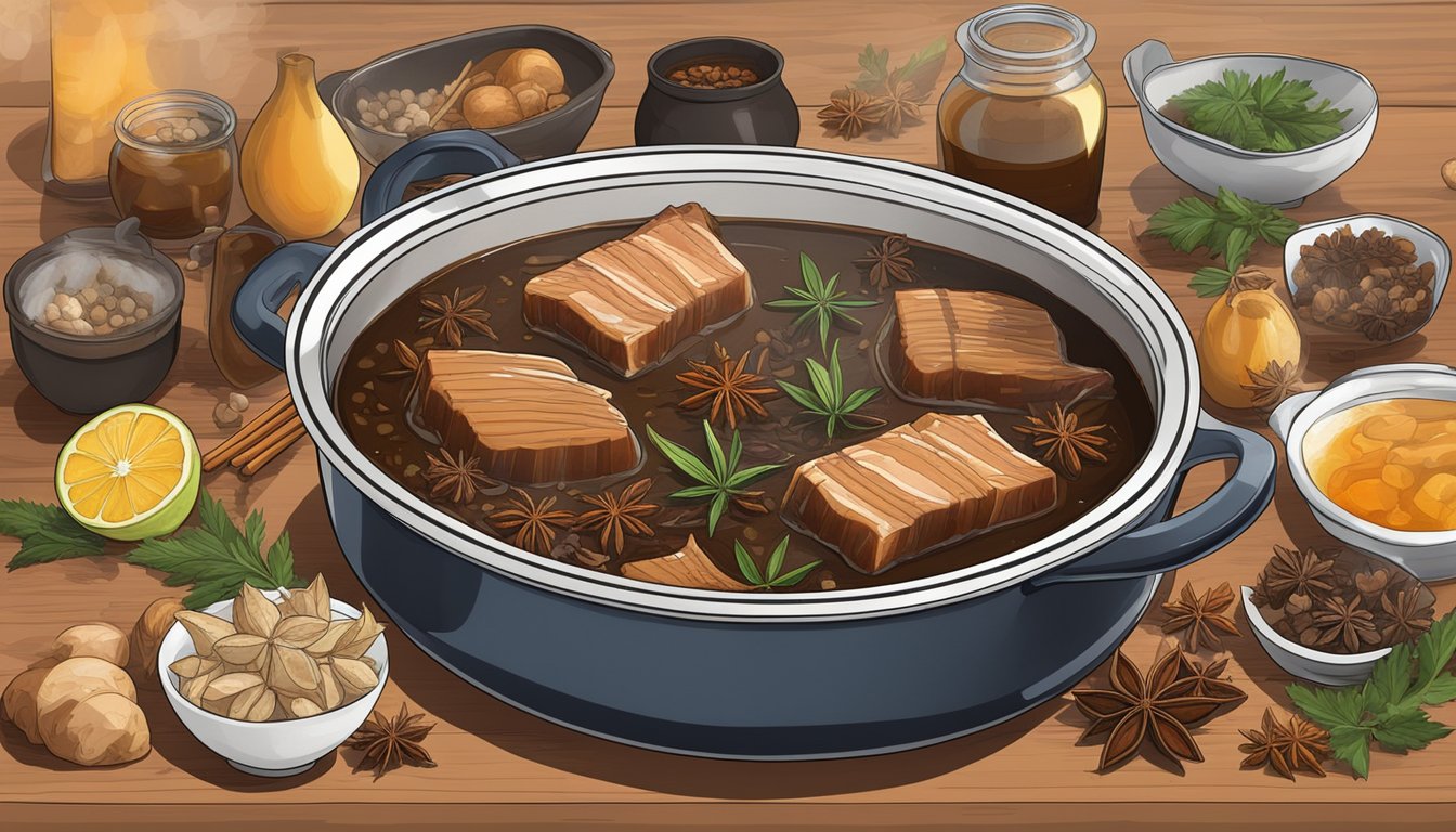 A pot of pork belly simmering in a rich, aromatic star anise-infused braising liquid, surrounded by whole star anise pods and other ingredients