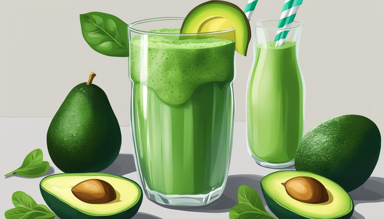 A glass filled with a vibrant green avocado and spinach smoothie, topped with a slice of avocado and a sprig of fresh spinach