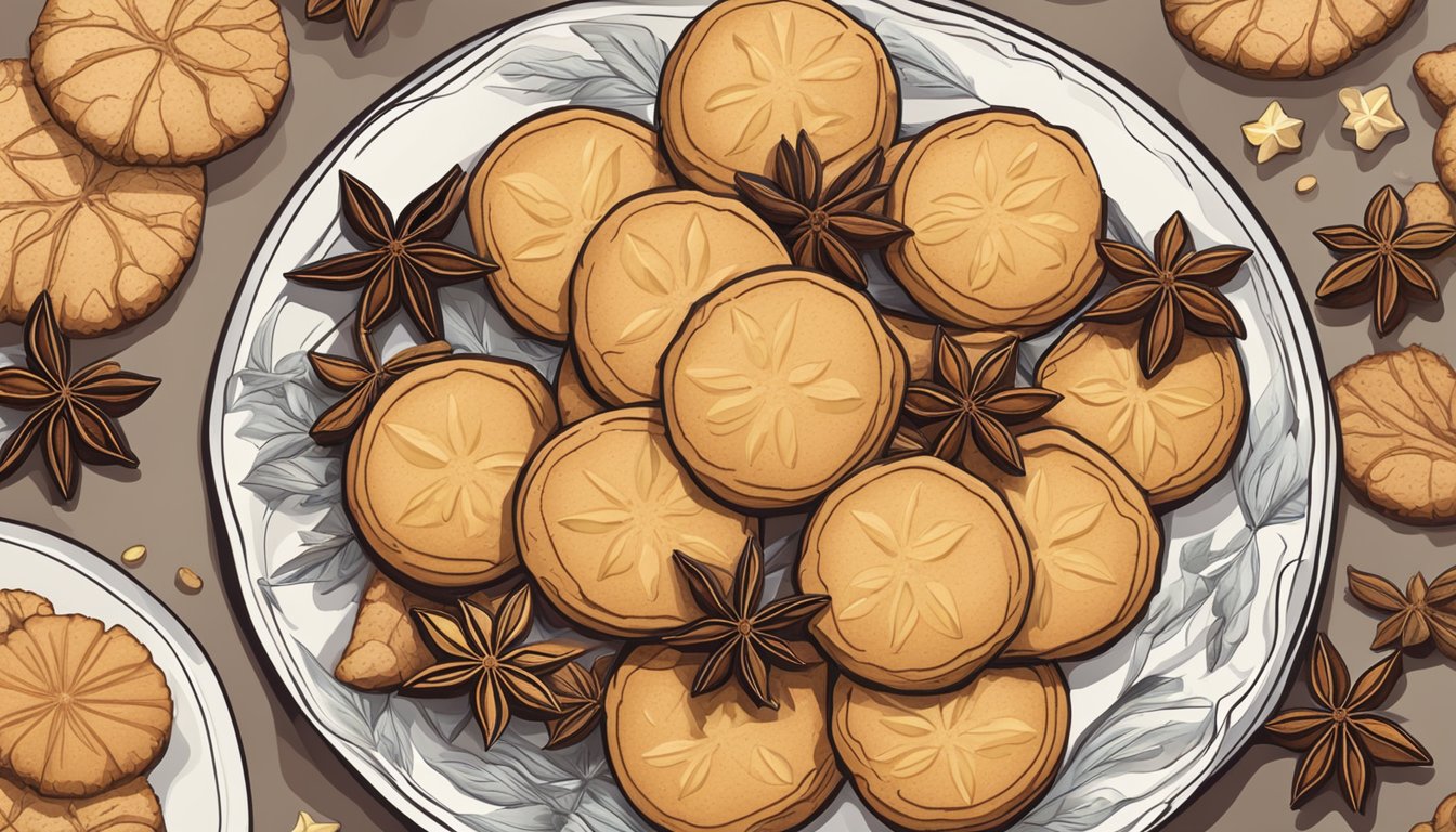 A plate of ginger and star anise spiced cookies surrounded by whole star anise pods and ginger slices