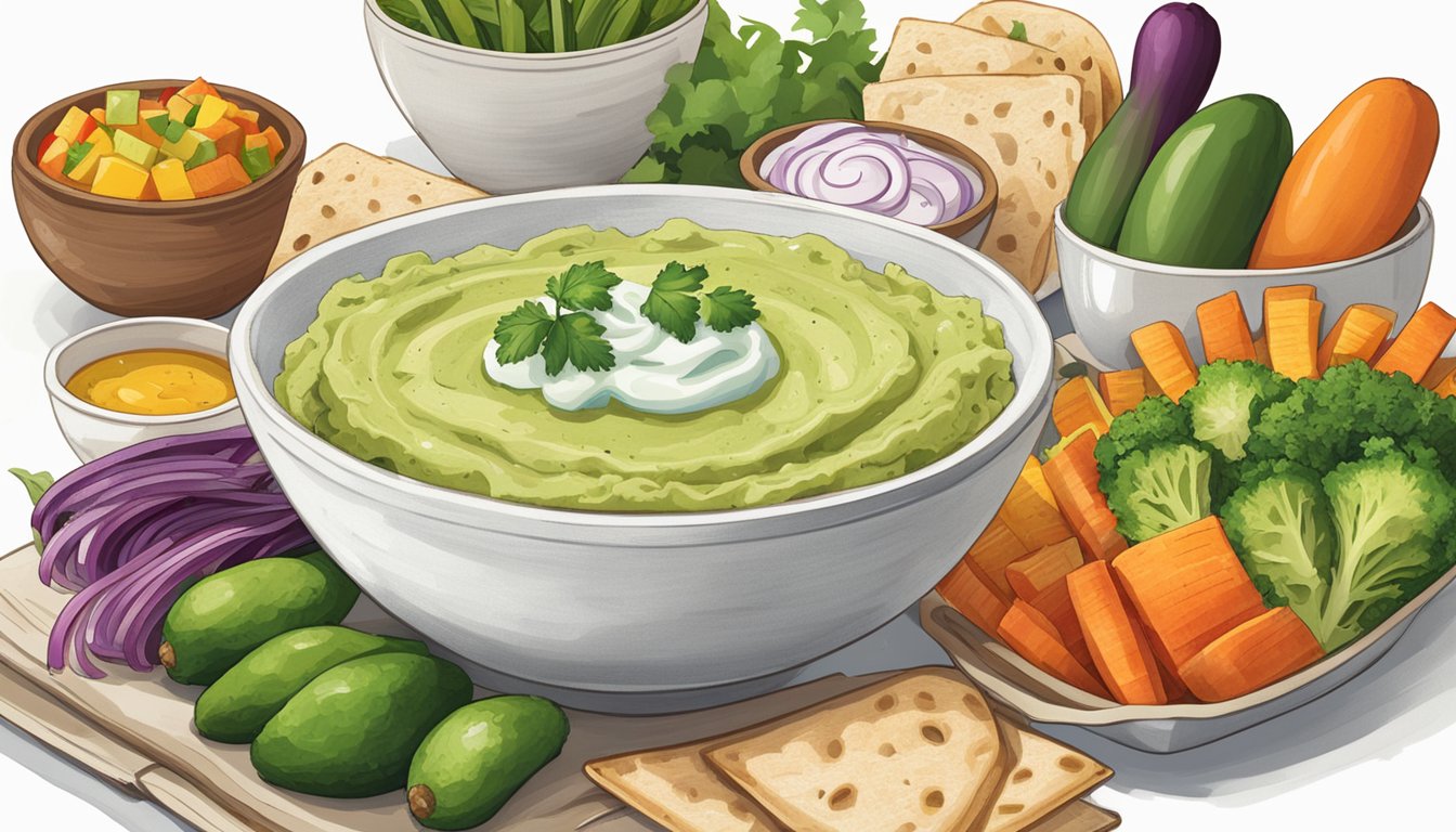 A bowl of avocado tzatziki dip surrounded by colorful vegetables and pita bread, with a cookbook open to a page titled "25 Quick Lunches You Can Make with Avocado."