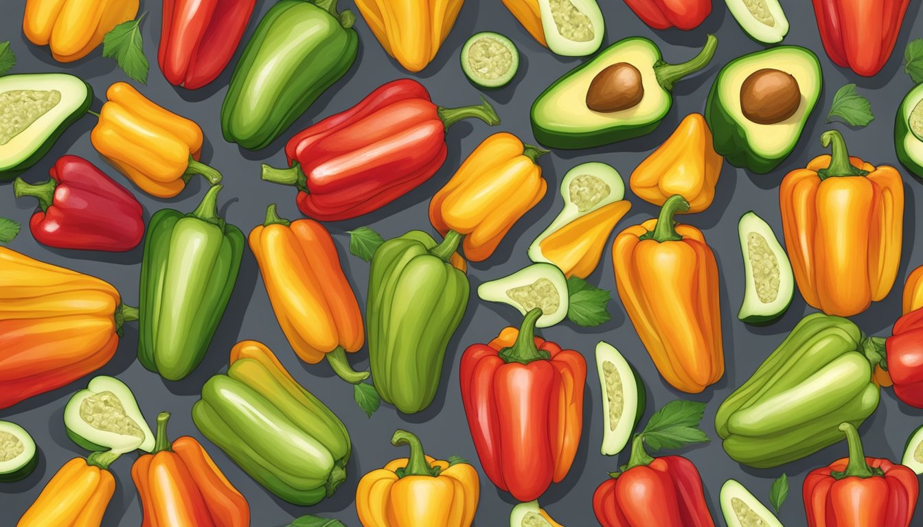 A colorful array of halved bell peppers filled with creamy avocado mixture, arranged on a serving platter