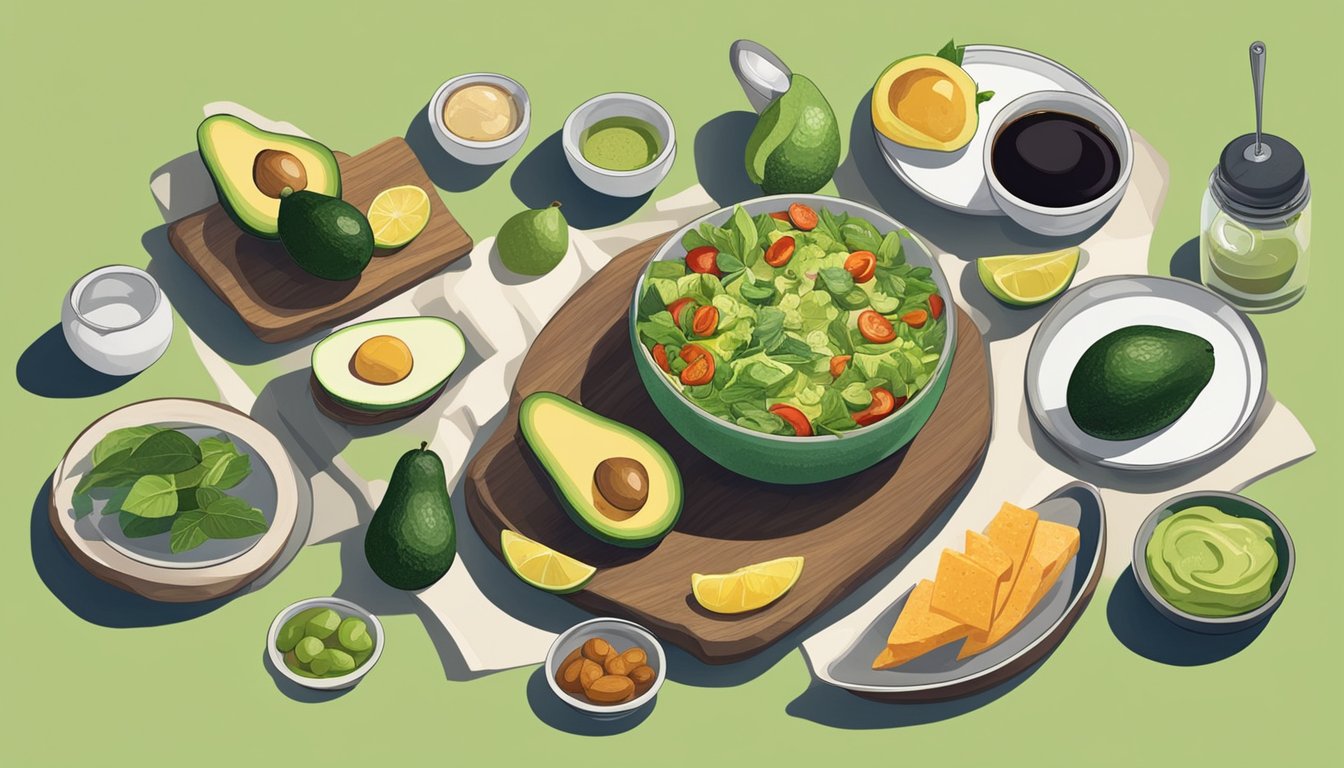 A table set with various ingredients and utensils, with an avocado as the centerpiece. Surrounding it are different dishes showcasing the versatility of avocados in quick lunches